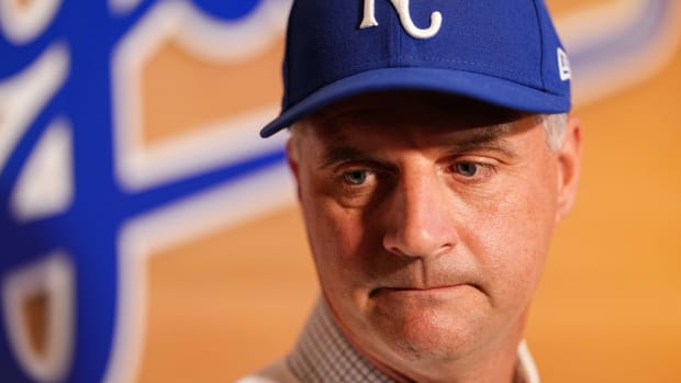 Nov 3, 2022; Kansas City, Missouri, USA; Kansas City Royals manager Matt Quatraro (33) talks with media during a press conference at Kauffman Stadium. Mandatory Credit: Jay Biggerstaff-USA TODAY Sports